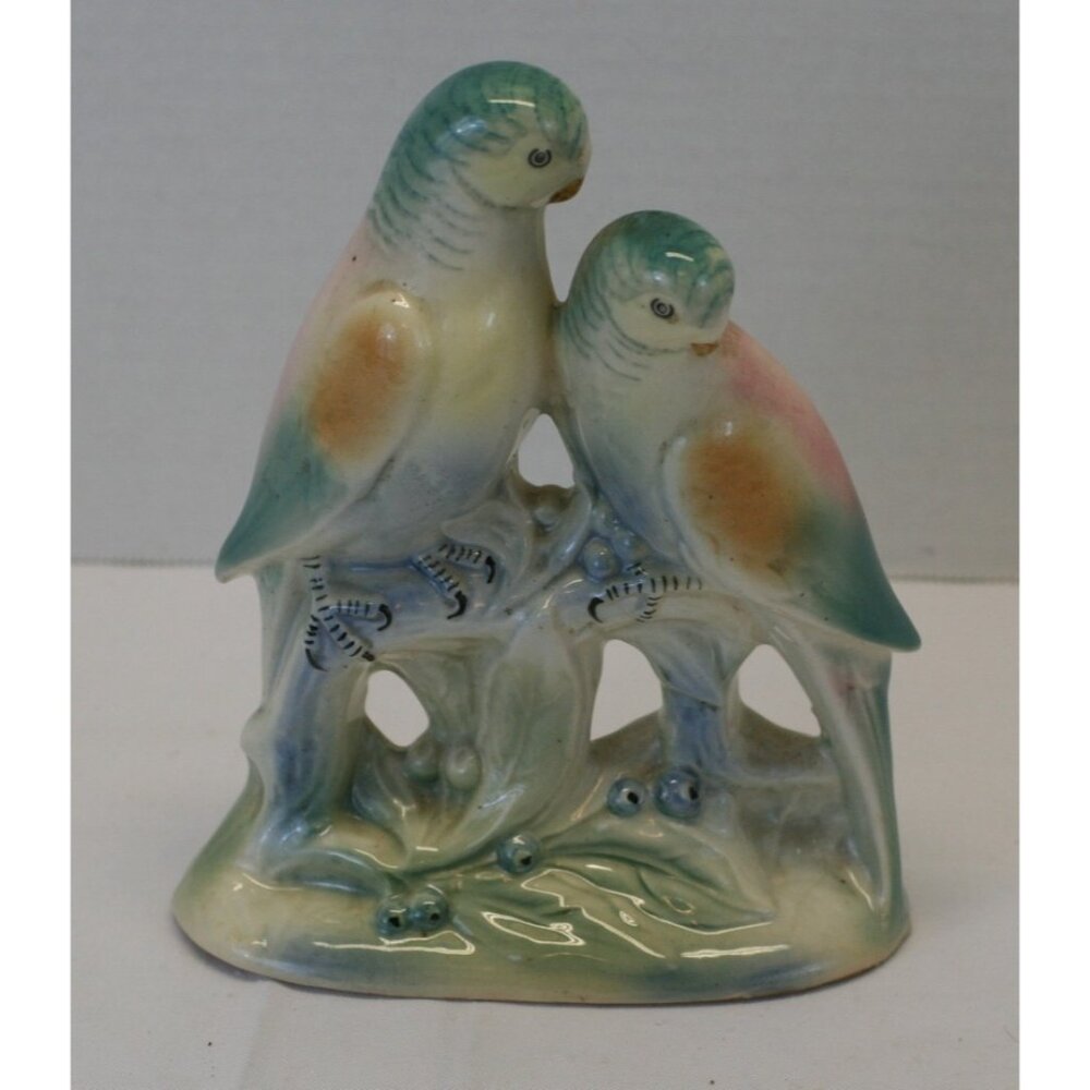 VTG Porcelain Parakeet Budgie Figurine Pair Pastel Japan 7" Love Birds 1940s EUC - Picture 3 of 11